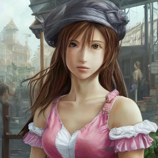 Prompt: concept art of aerith gainsborough in wall market of don corneo, highly detailed, trending on artstation