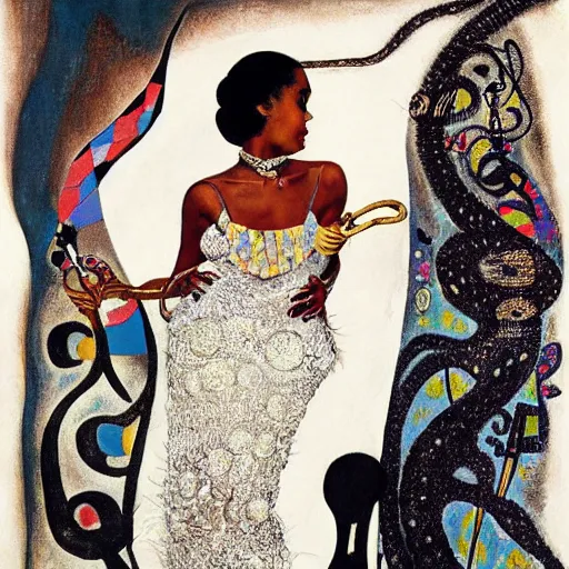 Image similar to josephine baker with snake skirt, intricate detail, painting, jazz age, miro, klimt, royo, frazetta, whealan,