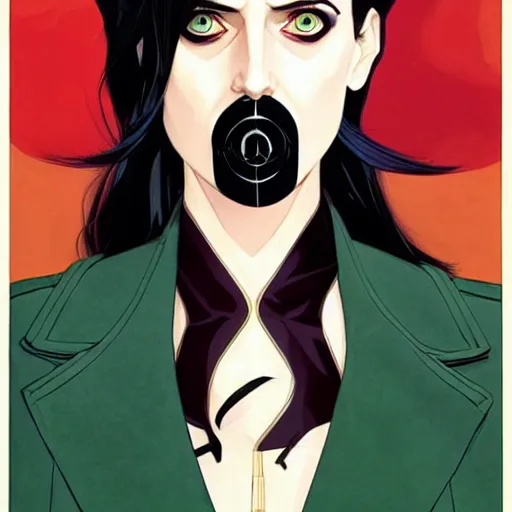 Image similar to Joshua Middleton comic art, wide shot, stunning elegant female Eva Green, spy, kabuki mask, beautiful evil sneer, symmetrical face, symmetrical eyes, leather clothing and boots, long straight green black hair, full body, Midnight pattern