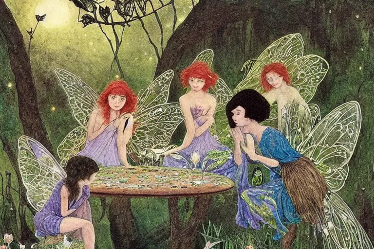 Prompt: a group of gracious winged fairies!! playing cards!! on a table in an atmospheric moonlit forest next to a beautiful pond!! filled with water lilies!!, artwork by ida rentoul outhwaite