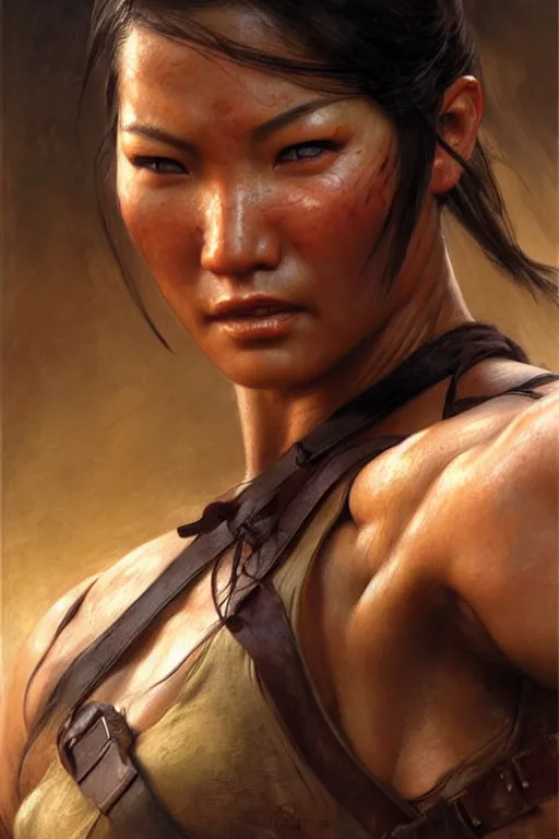 Prompt: muscular sweat chinese lara croft, exhausted face close up, highly detailed painting by gaston bussiere, craig mullins, j. c. leyendecker 8 k