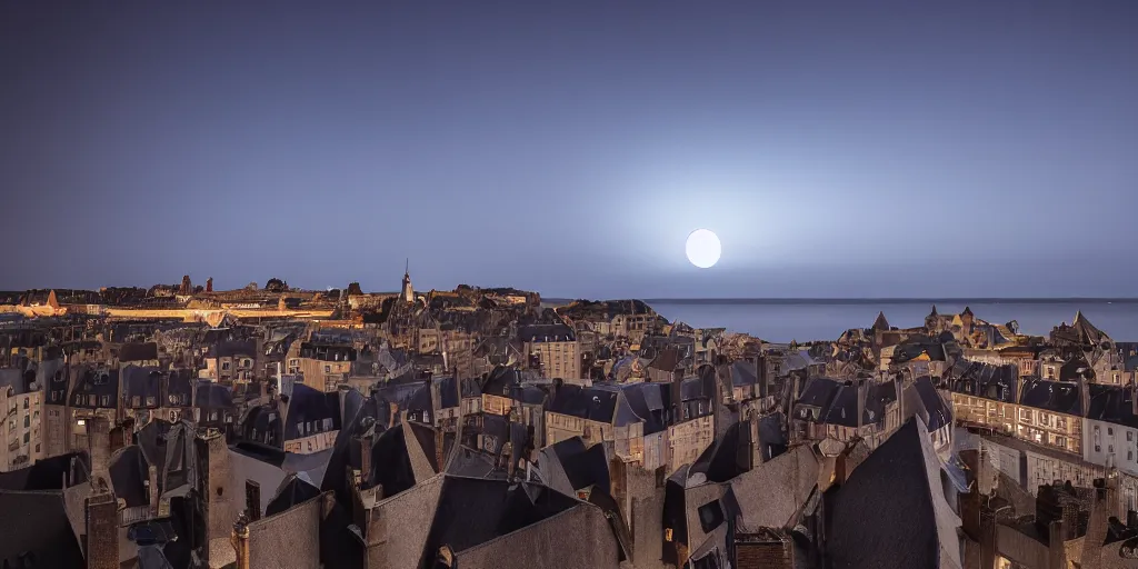 Image similar to view of saint - malo roofs towards the sea at night lit by the full moon, cinematic, anamorphic lens,