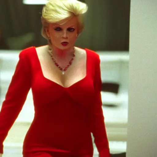 Prompt: donald trump as a hot lady in a red dress, film still, curved body, high quality, 8 k