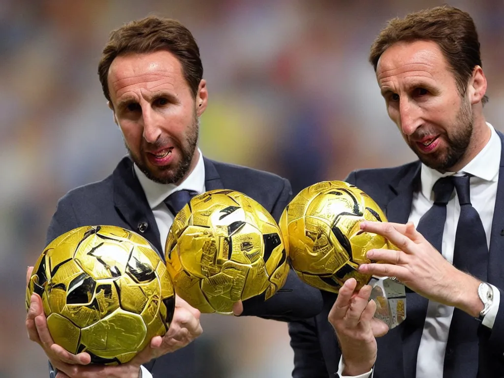 Image similar to a solemn perfect photograph of gareth southgate placing a soccer ball into an intricate gold coffin decorated with hate mail.