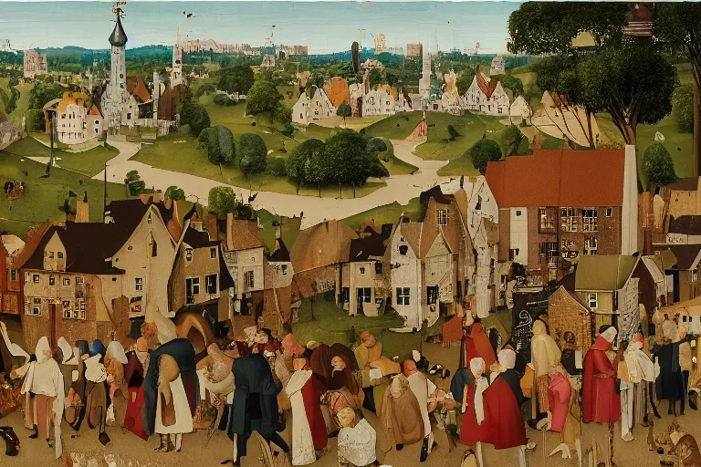 Prompt: an elaborate and dense painting of a peaceful neighborhood scene, detailed, made of alcohol ink on parchment and penned illustrations, by wes anderson and hieronymus bosch and geoff darrow