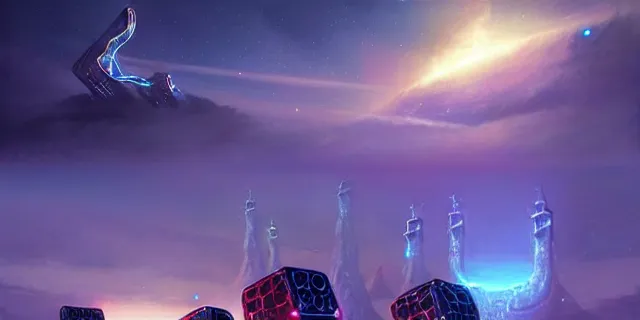 Image similar to a fleet of giant glowing futuristic cubes tied to each other with chains in the sky, a fantasy magical landscape seen in the distance, atmospheric lighting, intricate, volumetric lighting, beautiful, sharp focus, ultra detailed, in the art style of marc simonetti, bowater charlie and brom gerald, astrophotography