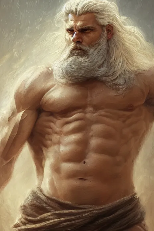 Image similar to painted portrait of rugged zeus, god of thunder, greek god, white hair, masculine, mature, handsome, upper body, muscular, hairy torso, fantasy, intricate, elegant, highly detailed, digital painting, artstation, concept art, smooth, sharp focus, illustration, art by gaston bussiere and greg rutkowski