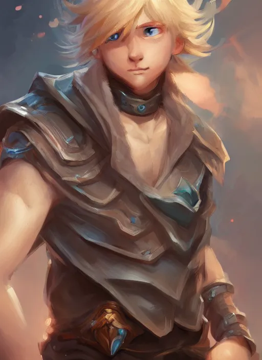 Image similar to a highly detailed illustration of cute little blonde blue eyes boy, wide eyed adventurous pose, intricate, elegant, highly detailed, centered, digital painting, artstation, concept art, smooth, sharp focus, league of legends concept art, WLOP