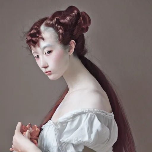 Image similar to shot from a distance, renaissance, rococo, manga, tonal, young lady, thin, dark hair, wearing loose white puff sleeve top