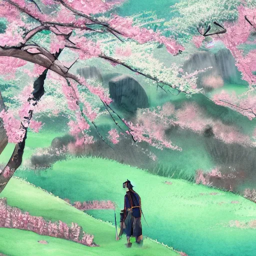 Prompt: A lone samurai watching over a valley of cherry blossom trees, water color painting, concept art, HD —width 1408