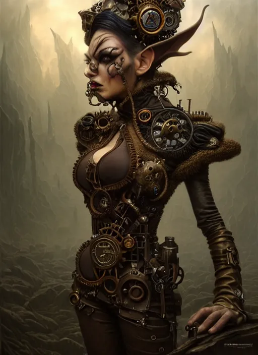 Image similar to portrait shot of steampunk evil elf in a scenic dystopian environment, intricate, elegant, highly detailed, centered, digital painting, artstation, concept art, smooth, sharp focus, illustration, artgerm, tomasz alen kopera, peter mohrbacher, donato giancola, joseph christian leyendecker, wlop, boris vallejo