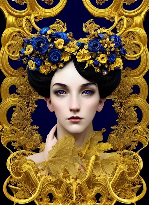 Image similar to beautiful black blue yellow, complicated gold and blue flowers in baroque style headwears, dark fantasy, intricate, elegant, highly detailed, digital painting, artstation, concept art, matte, 3 d 8 k octane rendered, sharp focus, illustration, octane rendered, art by artgerm and alphonse mucha, leesha hannigan