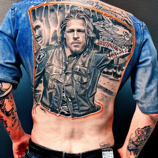 Image similar to Portrait of Jax Teller in blue jeans, Sons of Anarchy Tattoed on his back, intricate upper body, highly detailed, digital painting, artstation, concept art, smooth, sharp focus, illustration, art by Hajime Sorayama