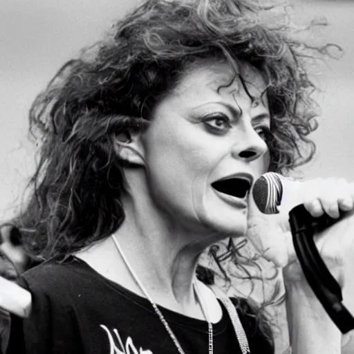 Image similar to 1 9 9 0 s video still of susan sarandon, wearing hip hop urban clothing, rapping on stage at a small outdoor concert, vhs artifacts