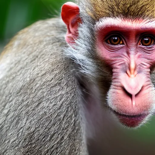 Prompt: highly detailed rhesus macaque monkey looking distinguised, posing for the camera, strong facial features