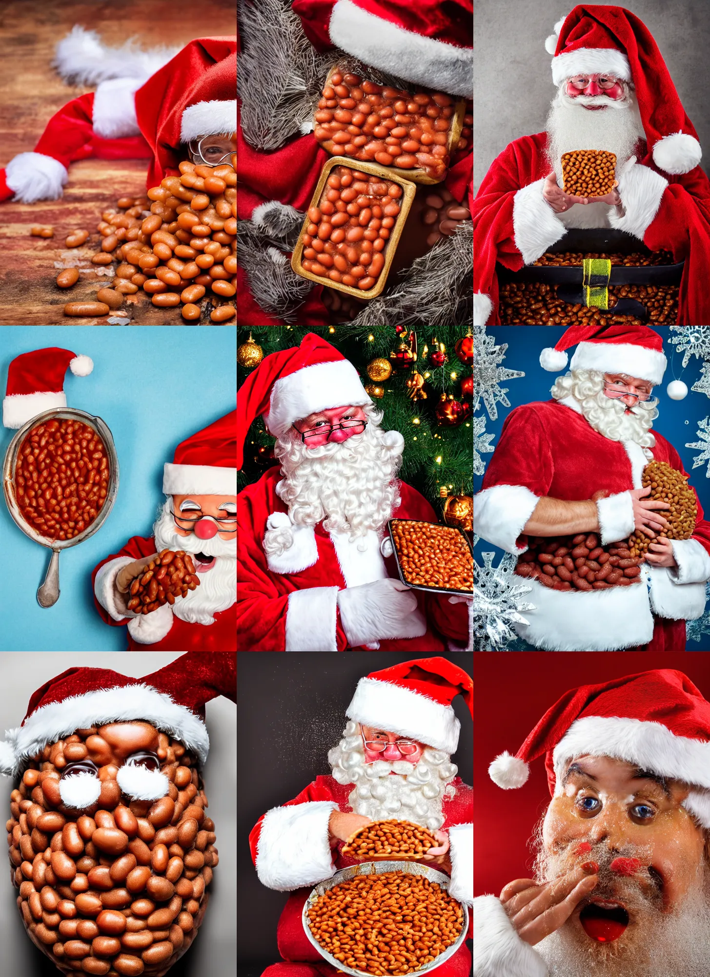 Prompt: santa claus covered in baked beans, dripping wetly with baked beans, photography 4 k