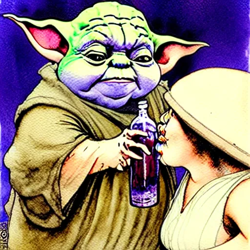 Image similar to a realistic and atmospheric watercolour fantasy character concept art portrait of a fat chibi homeless yoda wearing a wife beater drinking out of a broken bottle, by rebecca guay, michael kaluta, charles vess and jean moebius giraud