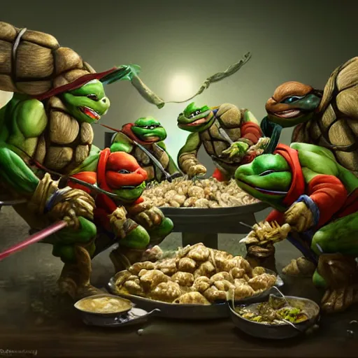 Image similar to four teenage mutant ninja turtles eating giant pile heap of dumplings, handsome, intricate, detailed, volumetric lighting, scenery, digital painting, highly detailed, artstation, sharp focus, illustration, concept art, ruan jia, steve mccurry