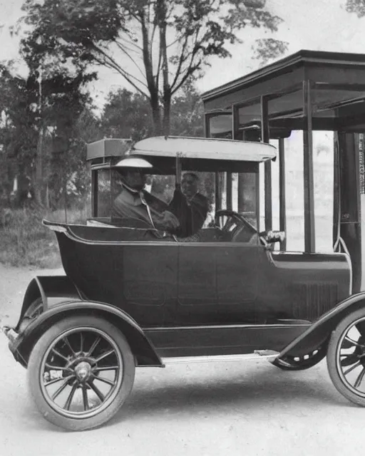 Image similar to 1 9 2 0 s photo of a person standing next to a tesla model t