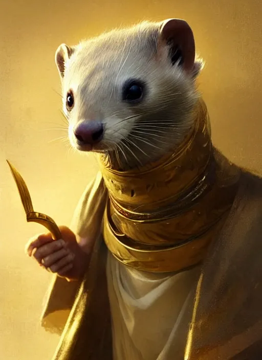 Prompt: a beautiful closeup shot from a fantasy film of a humanoid grey ferret with golden eyes wearing a loose tunic. an anthropomorphic ferret with gold eyes. joseph ducreux, greg rutkowski.