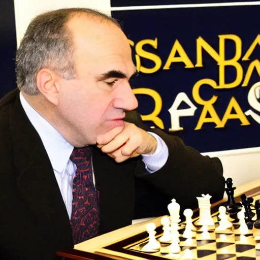 Prompt: a mallard duck playing chess against gary kasparov and winning!