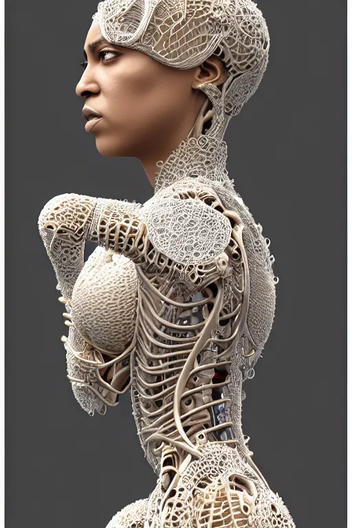 Prompt: complex 3d render ultra detailed of a beautiful porcelain profile beyonce, biomechanical cyborg, analog, 150 mm lens, beautiful natural soft rim light, big leaves and stems, roots, fine foliage lace, silver dechroic details, massai warrior, Alexander Mcqueen high fashion haute couture, pearl earring, art nouveau fashion embroidered, steampunk, intricate details, mesh wire, mandelbrot fractal, anatomical, facial muscles, cable wires, microchip, elegant, hyper realistic, ultra detailed, octane render, H.R. Giger style, volumetric lighting, 8k post-production