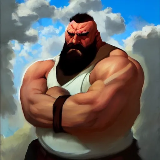 Prompt: greg manchess portrait painting of zangief from street fighter as overwatch character, medium shot, asymmetrical, profile picture, organic painting, sunny day, matte painting, bold shapes, hard edges, street art, trending on artstation, by huang guangjian and gil elvgren and greg rutkowski