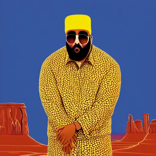 Image similar to ultra realistic portrait of dj khaled in a studio, ultra detailed, under blue, red and yellow cinematic lighting, salvador dali, cartoon, monument valley, escher