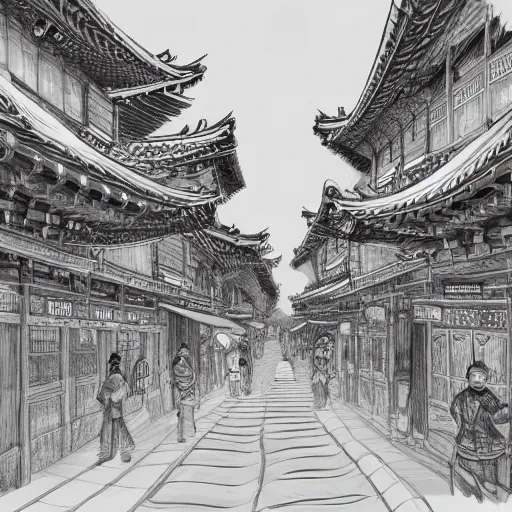 Prompt: High detailed sketch of korean city street, pencil drawing, traditional buildings, joseon era, black and white, artstation, extreme detail