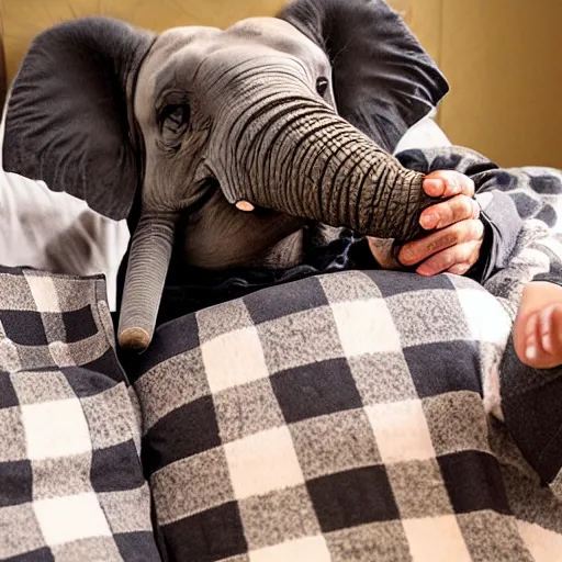 Image similar to a photo of an elephant wearing human flannel pajamas with a checked pattern and drinking a hot milk and relaxing on the couch