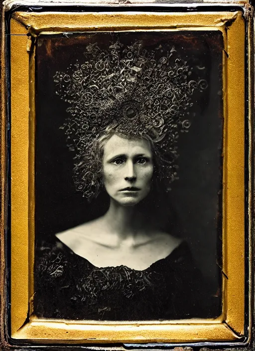 Image similar to old wetplate daguerreotype portrait of the witch, explosion of data fragments, fractal, intricate, elegant, highly detailed, parallax, leica, medium format, subsurface scattering, by jheronimus bosch and greg rutkowski and louis jacques mande daguerre