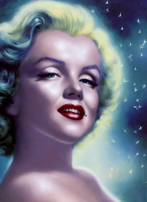 Image similar to Marilyn Monroe staring into the camera, misty wisps, fireflies, Lilia Alvarado, Sophie Anderson, Mark Arian, Bob Byerley, Charlie Bowater, Mark Brooks, Steve Henderson, Justin Gerard, Arthur Hughes, Edward Robert Hughes, Mark Keathley, Victor Nizovtsev, Carlos Shwabe, Ross Tran, WLOP