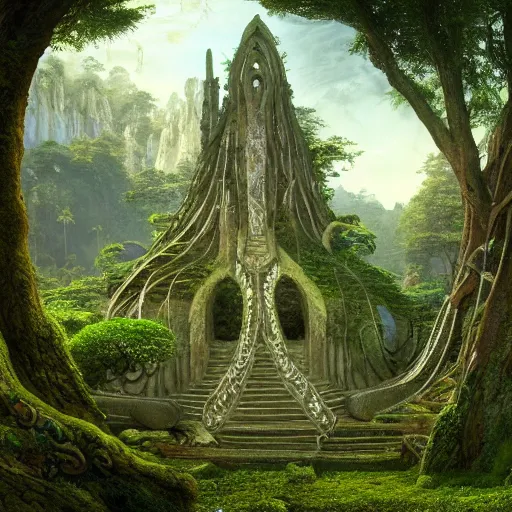 Image similar to a beautiful and highly detailed matte painting of an elven temple in a magical fantasy garden in a lush forest in the mystical mountains, wooden celtic knots, carved stone runes, intricate details, epic scale, insanely complex, 8 k, sharp focus, hyperrealism, very realistic, by caspar friedrich, albert bierstadt, james gurney, brian froud,