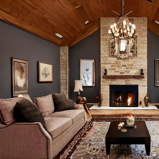 Image similar to a living room with dark wood floors, adjacent hallways, and a wall sized fireplace that reaches to the ceiling, low hanging chandeliers in front of the fireplace, a large rug sits on the floor