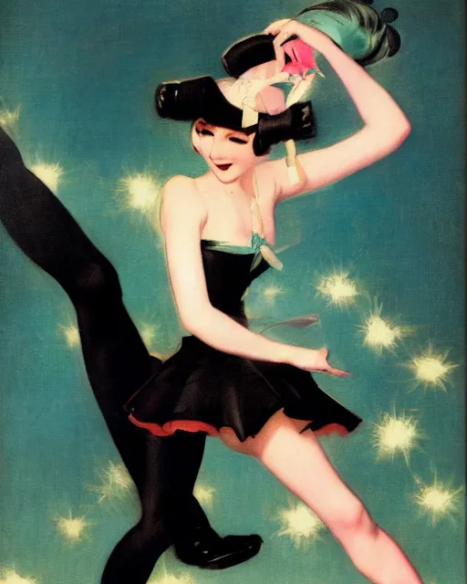 Image similar to hatsune Miku dancing by Enoch Bolles and Gil Elvgren