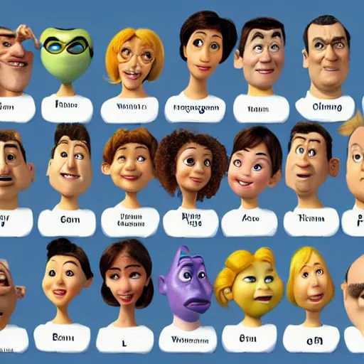 Prompt: a cast of pixar characters