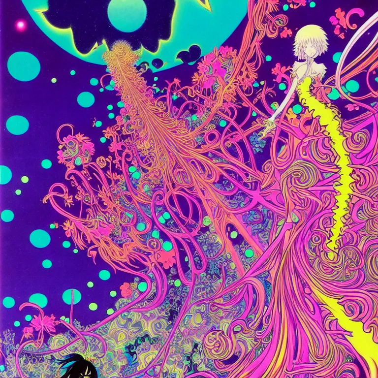 Image similar to psychedelic anime girls infinite fractal worlds bright neon colors highly detailed cinematic eyvind earle tim white philippe druillet roger dean lisa frank aubrey beardsley