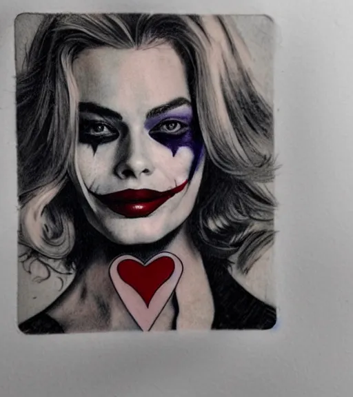 Image similar to tattoo design sketch of beautiful margot robbie with the joker makeup and holding an ace card, in the style of den yakovlev, realistic face, black and white, realism tattoo, hyper realistic, highly detailed