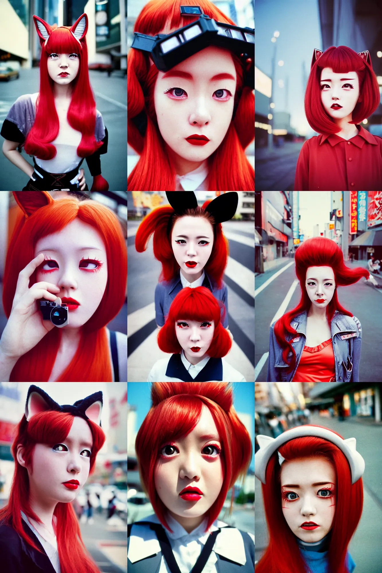 Prompt: Kodak portra 400,8K,highly detailed: beautiful three point perspective extreme closeup portrait photo in style of 1980s frontiers in cosplay retrofuturism tokyo seinen manga street photography fashion edition, highly detailed, focus on pursed lips;red hair;fox ears, eye contact, mirror background, soft lighting