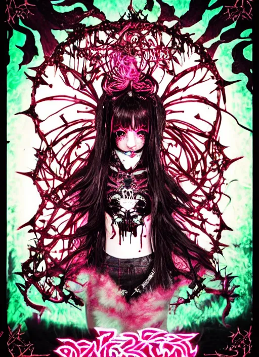 Prompt: spiked bloodmoon pixie sigil stars, goregrind album cover, baroque bedazzled gothic royalty frames surrounding a hellfire hexed witchcore aesthetic, dark vhs broken hearts, neon glyphs spiked pixelsort fairy kei decora doll, 8mm VHS footage of a japanese horror movie
