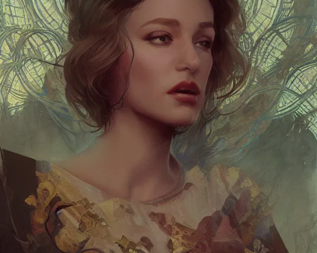 Image similar to Lady of the Entropy, a discord Patron in the vast of a digital realm, digital art, full body illustration, artstation, concept art, smooth, sharp focus, illustration, art by and greg rutkowski and alphonse mucha, HD, illustration trending on artstation