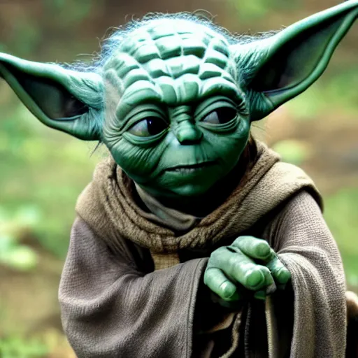 Image similar to Yoda on the set of Lord of the Rings, highly detailed, high quality, HD, 4k, 8k, Canon 300mm, professional photographer, 40mp, lifelike, top-rated, award winning, realistic, sharp, no blur, edited, corrected, trending