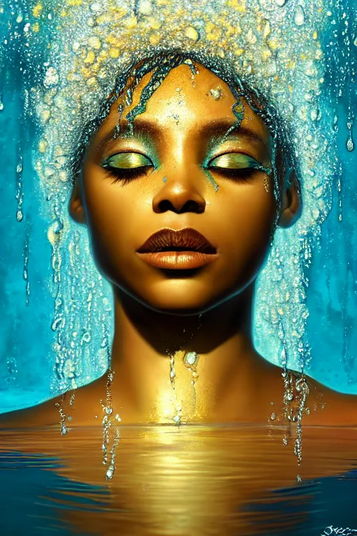 Prompt: hyperrealistic post - classical cinematic very expressive! black oshun goddess with white! iris, body in water, mirror dripping droplet!, gold flowers, highly detailed face, digital art masterpiece, smooth robert steven connett eric zener dramatic teal light, ground angle uhd 8 k, sharp focus