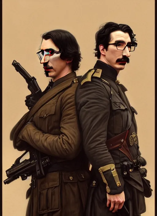 Image similar to a portrait of john oliver and adam driver posing together back to back, stoic, military uniform, fantasy, centered, dark background, smokey atmosphere, foggy atmosphere, art by artgerm and greg rutkowski and alphonse mucha