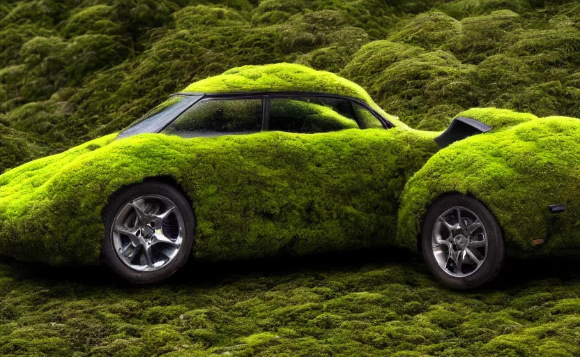 Image similar to car made of moss, luxury HD render, mossy sports car, cinematic, relaxing mossy material, moss covered car, 4k