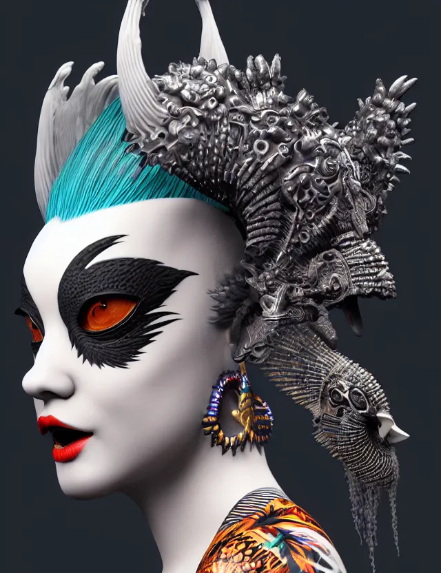 Image similar to 3 d goddess close - up profile portrait punk with mohawk with ram skull. beautiful intricately detailed japanese crow kitsune mask and clasical japanese kimono. betta fish, jellyfish phoenix, bio luminescent, plasma, ice, water, wind, creature, artwork by tooth wu and wlop and beeple and greg rutkowski