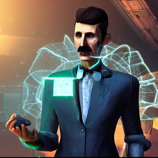 Prompt: 3d render of Nikola Tesla as a Borderlands character, digital art, behance, artstation, unreal render, unreal engine 5, octane