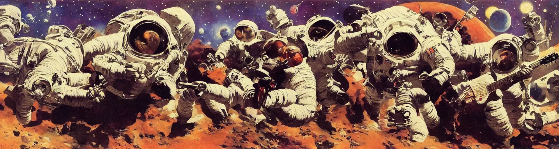 Image similar to astronauts playing music in the space by frank frazetta