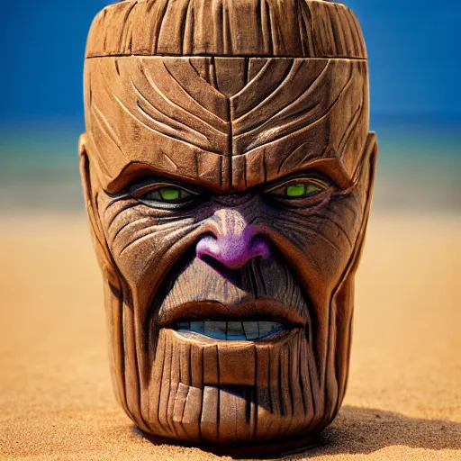 Image similar to a closeup photorealistic photograph of a thanos style tiki mug sitting at a trader vic's beach bar featuring the face of thanos. tiki party. bright scene. fine detail. this 4 k hd image is trending on artstation, featured on behance, well - rendered, extra crisp, features intricate detail, epic composition and the style of unreal engine.