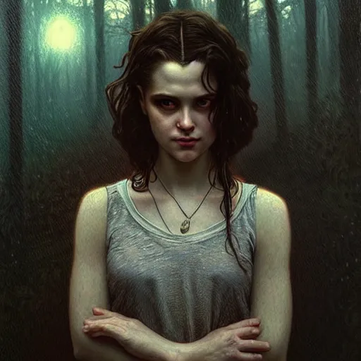 Image similar to Twilight version of Stranger Things, Portrait of Edward and Bella, diffuse lighting, fantasy, intricate, elegant, highly detailed, lifelike, photorealistic, digital painting, artstation, illustration, concept art, smooth, sharp focus, art by Artem Demura and Alphonse Mucha